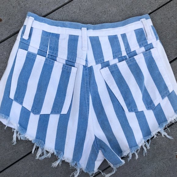Not Guilty Cutoff Striped High Waist Fringe Jean Shorts Size S Made in USA - Picture 6 of 6